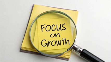 Magnifying Glass Over Sticky Note Emphasizing Growth Concept in Office Environment for Business Development and Success