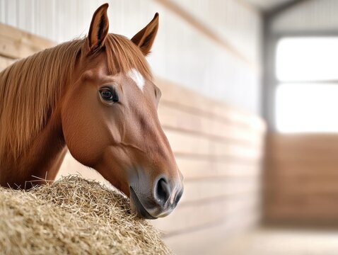 A close-up of a brown horse resting its head on hay in a barn, showcasing its gentle expression and well-groomed appearance.