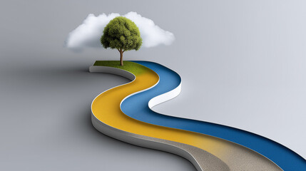 Path to Growth: An abstract image of a vibrant path winding its way towards a lush tree and a fluffy cloud, a metaphor for growth and new beginnings.