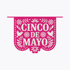 Pink Papel Picado Banner with Cinco de Mayo Text and Floral Motifs Keywords: cinco de mayo, banner