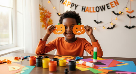 Black boy making pumpkin decorations for Halloween at home. Happy Halloween