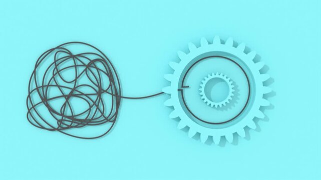 Process of solving, unleashing problems animation. From a complex problem to a simple business solution. Brainstorming video. Thin line knot and gears