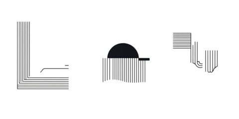 Abstract illustration of geometric shapes with thin vertical lines and rounded elements