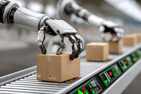Robotic arm sorting packages on conveyor belt in modern warehouse automation
