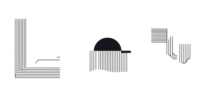 Abstract illustration of geometric shapes with thin vertical lines and rounded elements