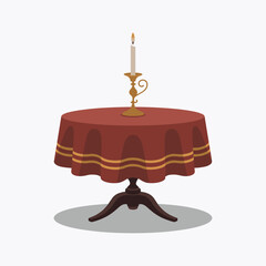 Round table covered with a red tablecloth and a lit candle Keywords: table, round table, tablecloth