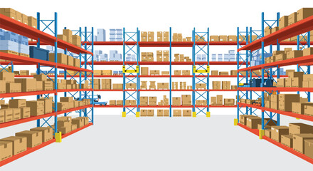 Stylized vector illustration featuring a vibrant warehouse interior loaded with shelving