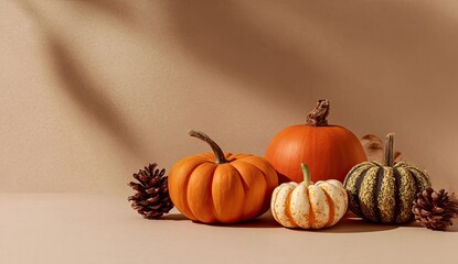 Autumn pumpkins on beige background