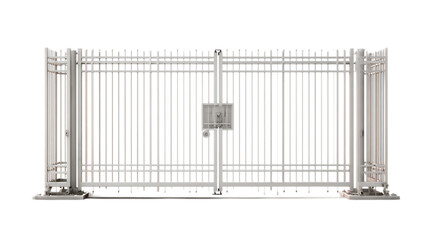 Metal security gate with vertical and horizontal bars White background.