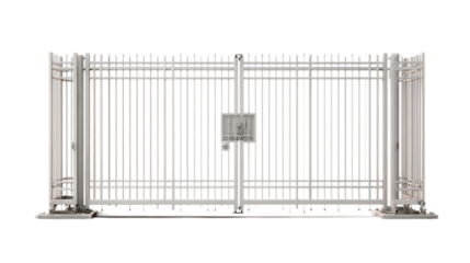 Metal security gate with vertical and horizontal bars White background.