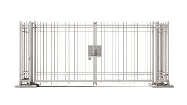 Metal security gate with vertical and horizontal bars White background.