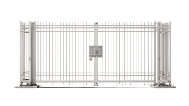 Metal security gate with vertical and horizontal bars White background.