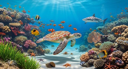 Vibrant coral reef ecosystem teeming with marine life in pristine waters