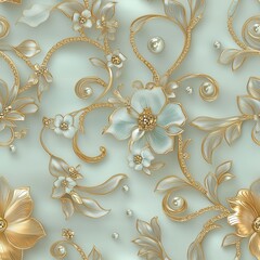 Seamless pattern with luxurious 3D baroque-style floral scrolls and leaves in gold and silver, set against a soft mint background. The design is accented with floating pearl beads.