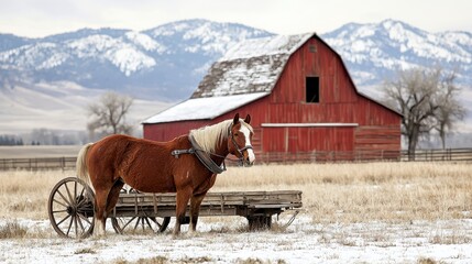A serene winter scene featuring a horse beside a wooden cart in front of a red barn, with snowy mountains in the background.