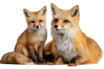 Close-up of a mother fox and her cub isolated on transparent background