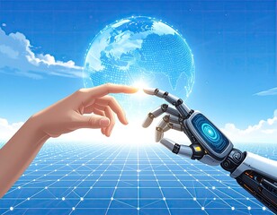 A human and robot hand touch, digital world