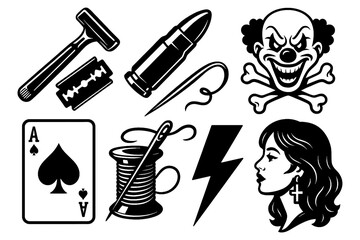 Set of edgy retro icons with gambling nightlife and rebellious symbols, Transparent Background