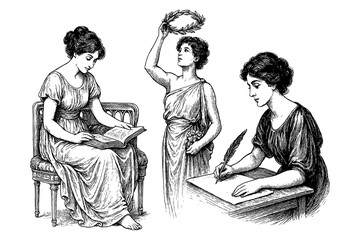 Vintage women reading writing and holding laurel wreath in classical engraving style, Transparent Background