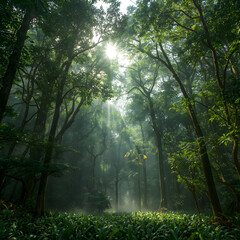 Obraz premium “Morning Sunlight Through Dense Tropical Forest in Java, Indonesia”