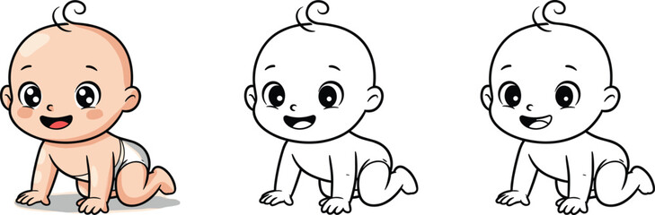 Cute cartoon baby crawling, happy infant, baby development, children's illustration, vector art, coloring page, newborn character