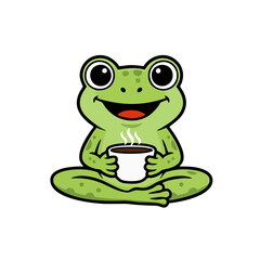 Cheerful Frog Logo Holding a Coffee Cup, Funny Mascot Design