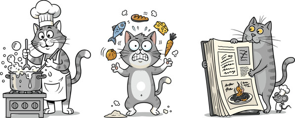 Funny cartoon cats cooking, reading recipe book, juggling food, kitchen chaos, chef mouse, culinary humor, perfect for food-themed designs
