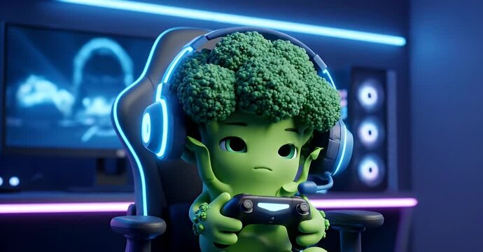 Broccoli character playing video games with controller and headset.