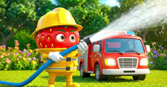 Strawberry firefighter cartoon character extinguishing a fire truck with a hose.