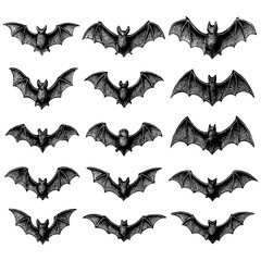 realistic bat illustrations in flying poses with spread wings, Transparent Background