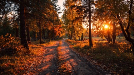 Obraz premium Road in autumn forest at sunset.