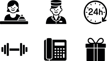 Set of six essential hotel service icons for hospitality and tourism silhouette