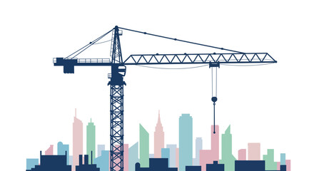 Tower crane silhouette majestically stands over a pastel city skyline