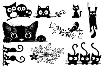 playful black cat and owl silhouettes with floral and bird elements, Transparent Background