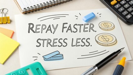 Motivational Phrase for Financial Management with Repayment and Stress Reduction Focus on Desk with Stationery Items