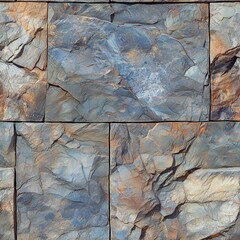 Seamless texture of large, rectangular quarzite blocks with rough, uneven surfaces. The colors are a blend of bluish-gray and earthy brown, with prominent lines and cracks in the stone.