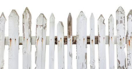 Obraz premium A weathered white picket fence with pointed tops, showcasing rustic charm and character.