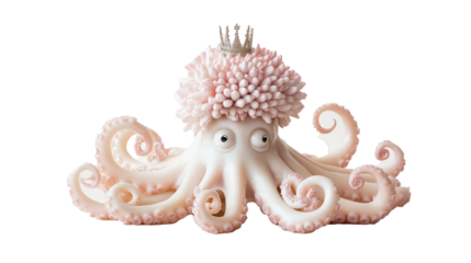 A cotton-candy pink chrysanthemum rises from a giggling marshmallow octopus wearing a tiny crown, symbolizing underwater fluff and royal bloom, on white background. png
