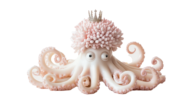 A cotton-candy pink chrysanthemum rises from a giggling marshmallow octopus wearing a tiny crown, symbolizing underwater fluff and royal bloom, on white background. png