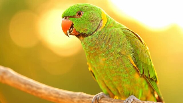 A vibrant green parrot perched on a branch, bathed in the warm glow of the setting sun, showcasing its beautiful plumage and curious expression.