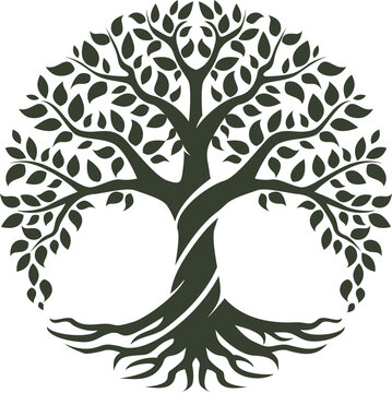 line art nature logo vector design oak tree inside circle, abstract tree logo symbol inside circle