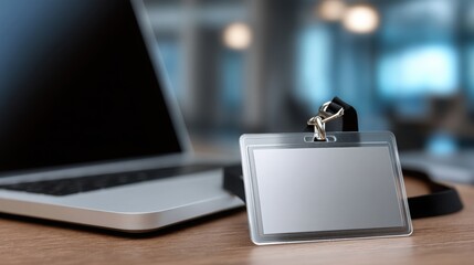 A blank ID badge rests beside a laptop on a wooden desk, suggesting themes of professionalism and identification in a modern workspace.