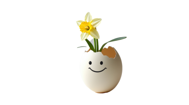 A daffodil sprouts from a cracked egg with a smiley face, symbolizing cheerful surprise and sunny beginnings, on white background. png