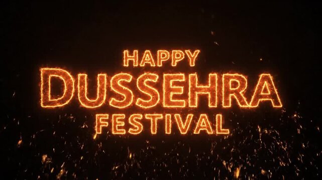 Glowing neon sign reading 'Happy Dussehra Festival' against a dark background with sparks.