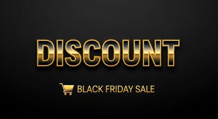 Elegant Black Friday sale graphic with shiny gold metallic text for discount promotion and a shopping cart symbol on a textured black backdrop