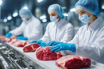 Asian adults in protective gear handling meat in food processing facility