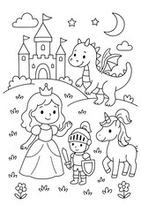Cute fairy tale coloring page with a princess, a knight, a dragon, and a unicorn in front of a castle, perfect for kids to enjoy creative and magical coloring fun.