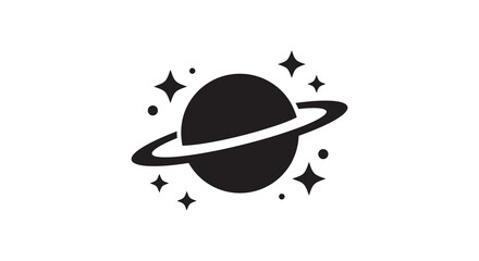 Simple black and white illustration of a planet with rings and stars