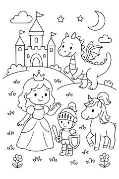 Cute fairy tale coloring page with a princess, a knight, a dragon, and a unicorn in front of a castle, perfect for kids to enjoy creative and magical coloring fun.