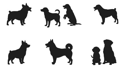 A collection of various dog breed silhouettes in a simple design